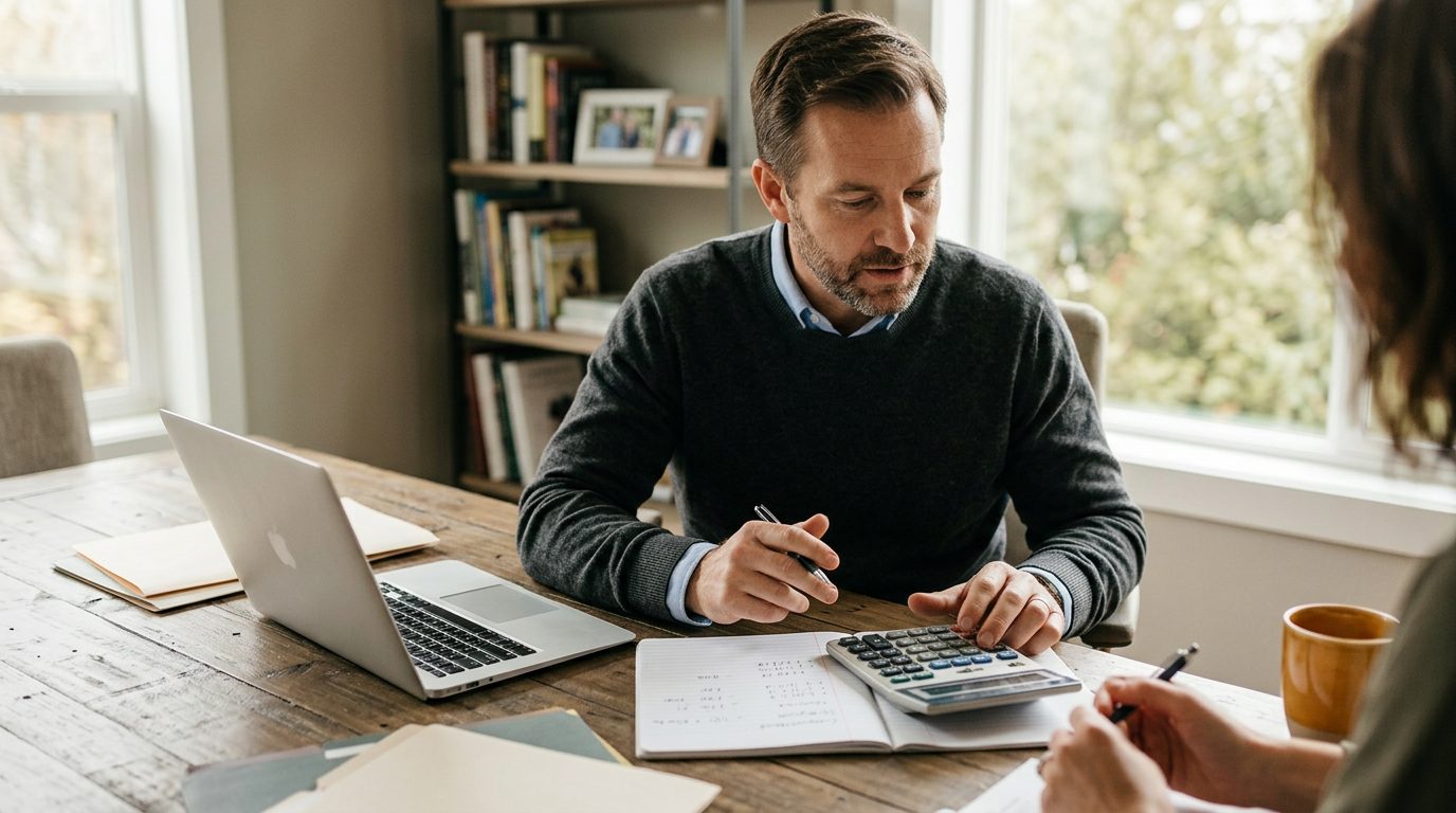 Financial advisor reviewing term life insurance calculation worksheet at desk with calculator.