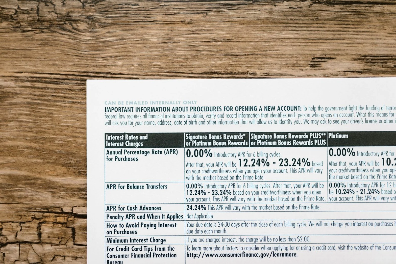 Financial document with interest rates on wooden table.