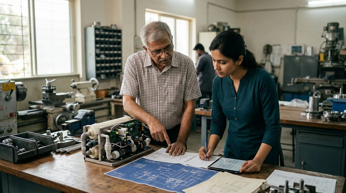 Founder and designated successor reviewing technical specifications together in a family business workshop.