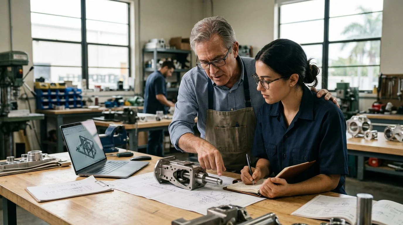 Founder and designated successor reviewing technical specifications together at a workbench in a family business workshop.