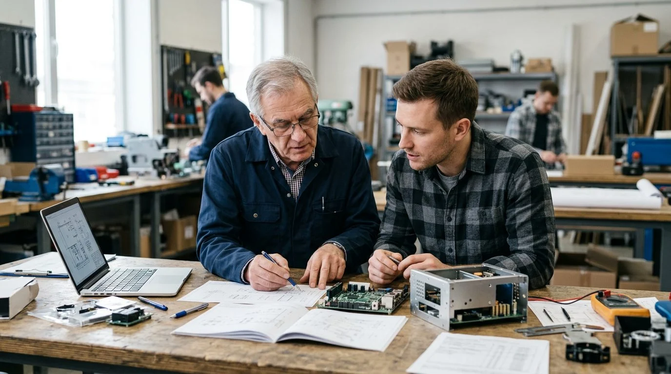 Founder and successor collaborating on product development in a family business office.