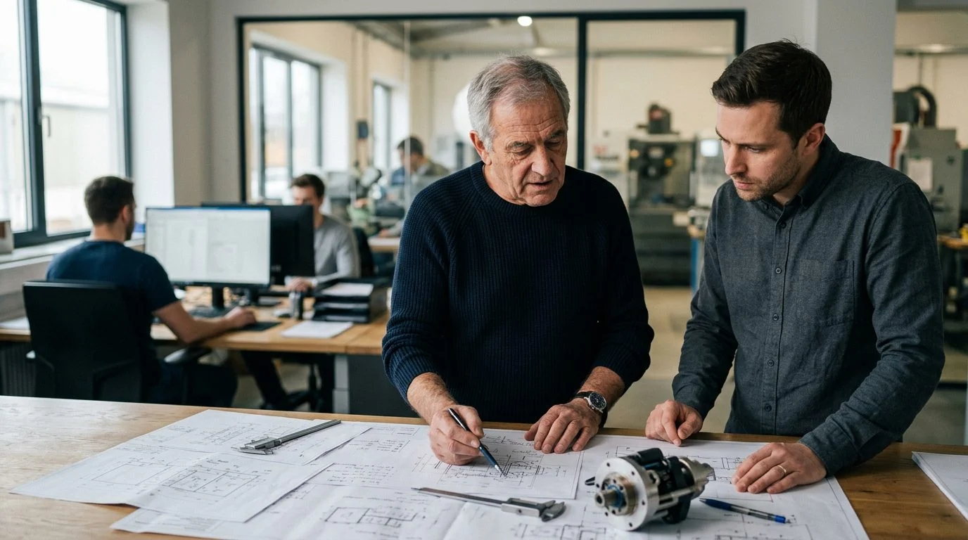 Founder and successor reviewing technical specifications together at a workbench in a family business workshop.