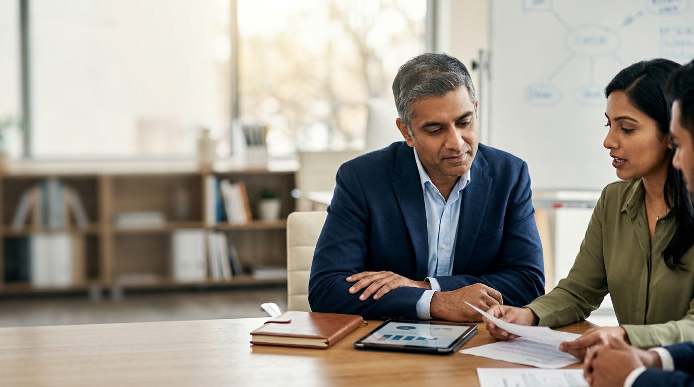 Indian-American business owner reviewing documents at office desk with laptop and coffee.