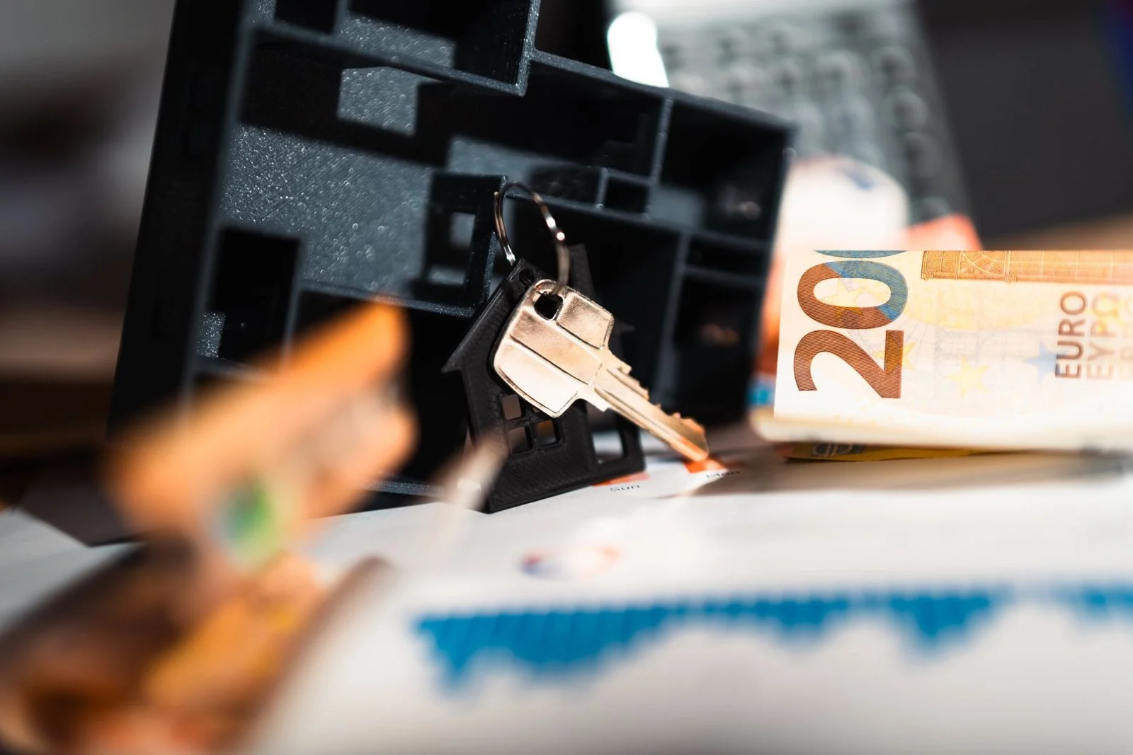 Maqueta de una casa sobre llaves, junto a billetes de euro y un gráfico financiero.