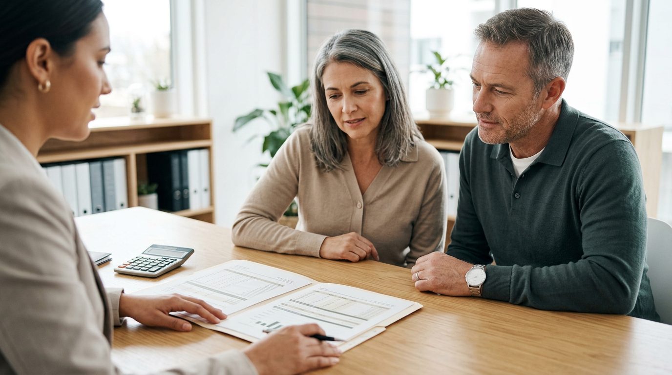 Man reviewing term life insurance documents at desk with calculator and laptop.