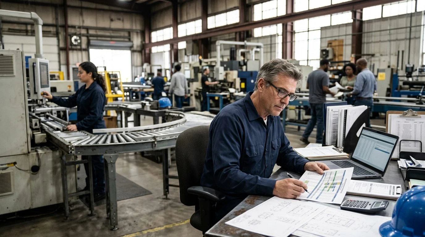 Manager reviewing production schedules at a factory workstation, with colleagues working in the background.