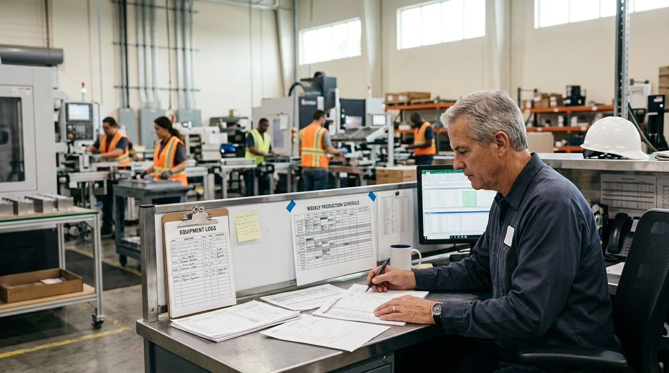 Gerente de operaciones trabajando en un puesto junto a horarios de producción y registros de equipo, con colegas en una fábrica.