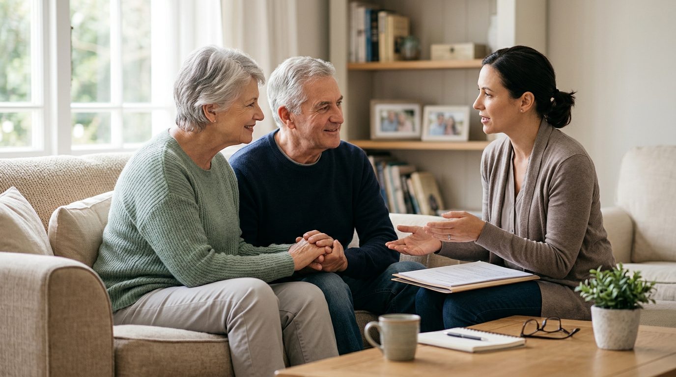Parents reviewing life insurance documents at home with family photos nearby.