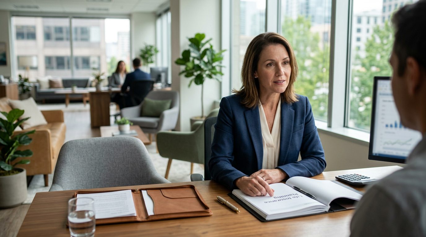 Person reviewing life insurance documents and calculator at desk with coffee cup.