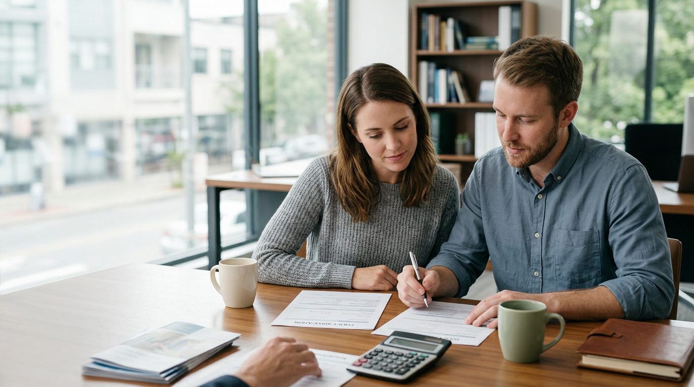Person reviewing life insurance documents and calculator at desk.