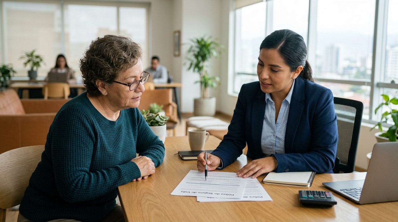 Persona revisando documentos de póliza de seguro de vida en escritorio con calculadora.