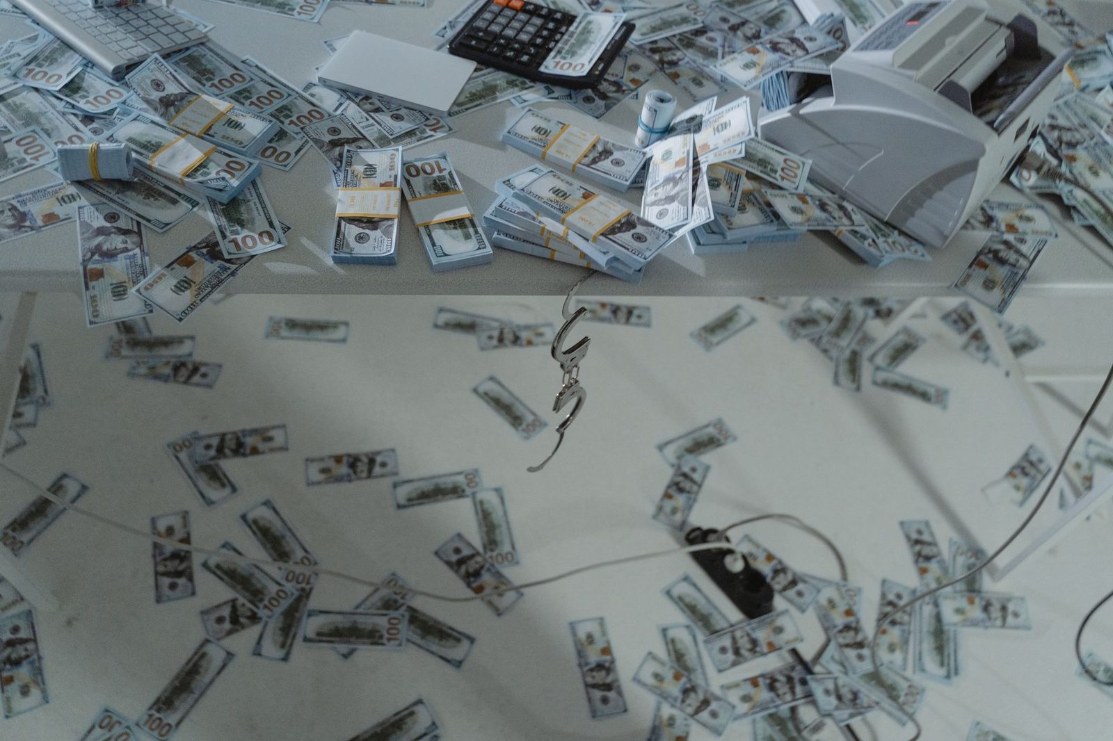 Pilas de billetes estadounidenses dispersos en un escritorio con contador de dinero y calculadora.