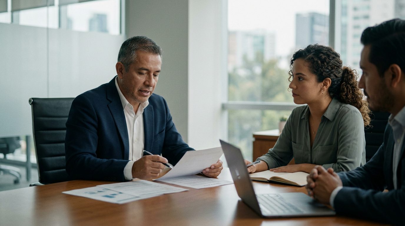 Profesionales en oficina revisando documentos de seguro de vida.