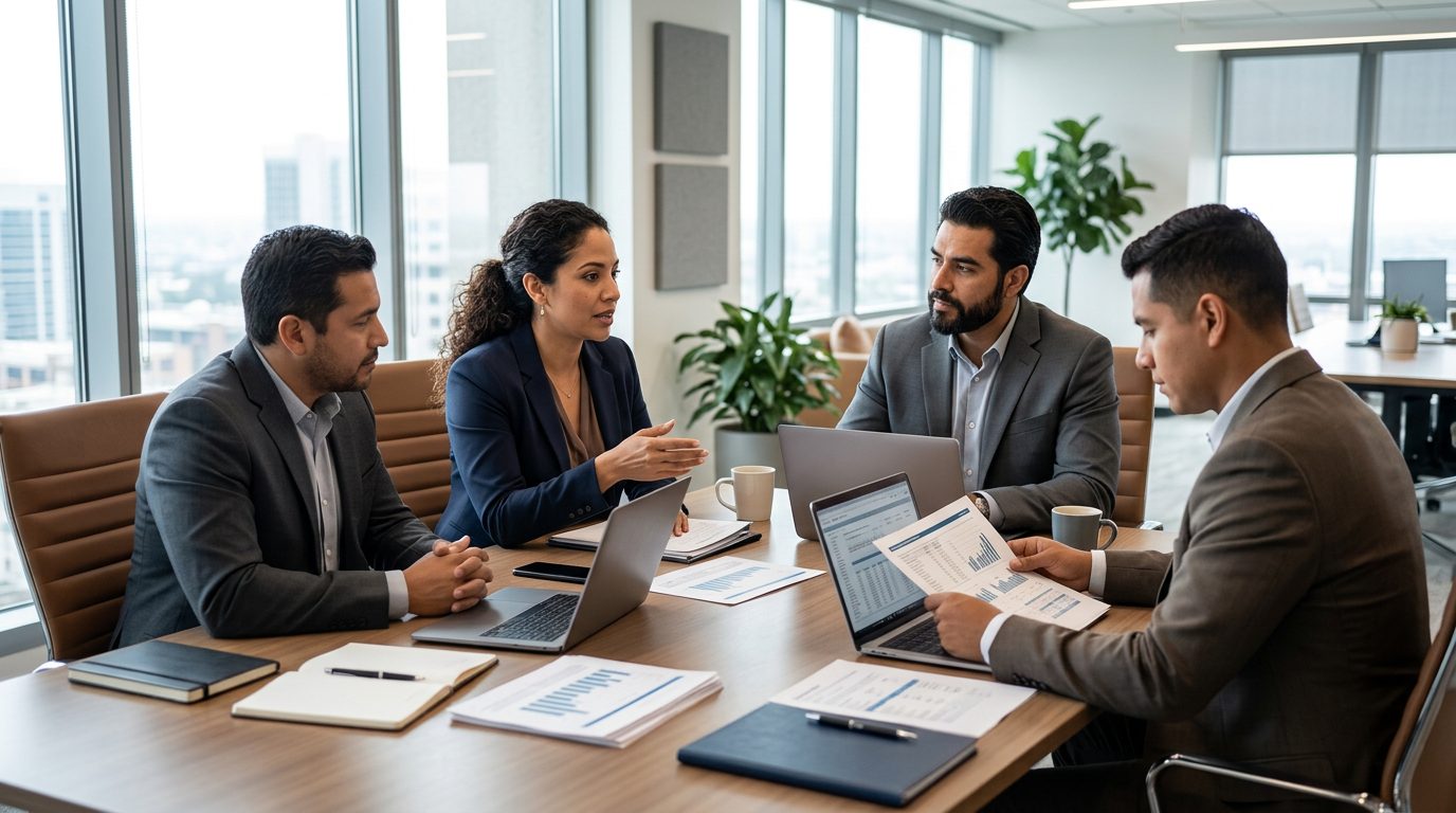 Profesionales en oficina revisando documentos de seguros y análisis financieros.