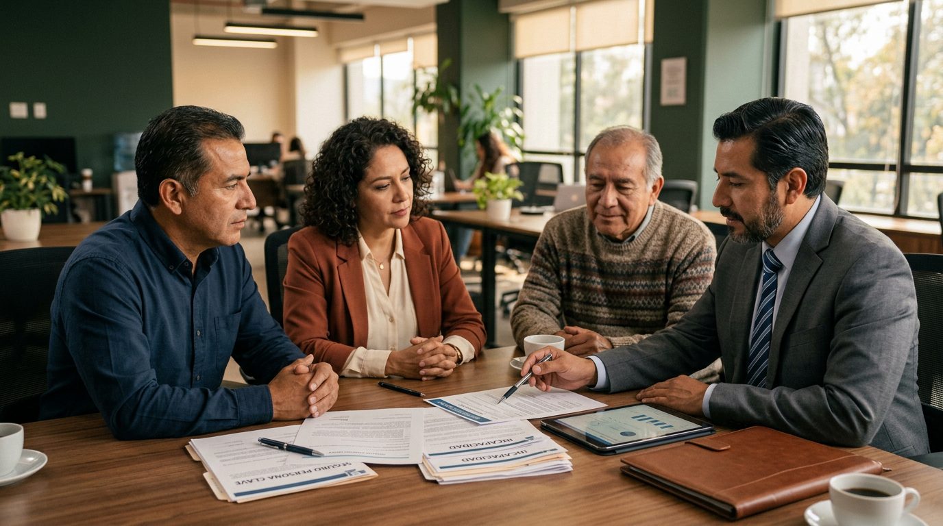 Profesionales en oficina revisando documentos de seguros y planes de protección financiera.