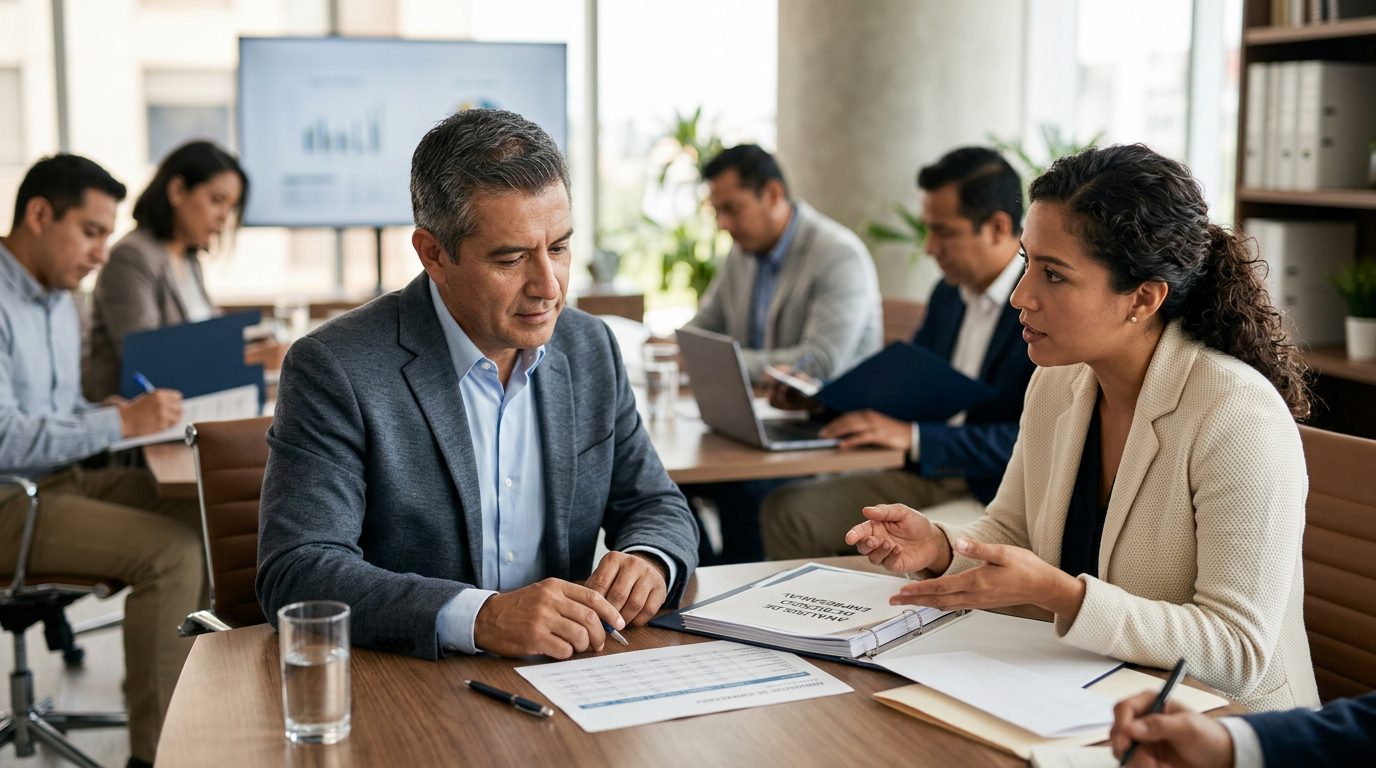 Profesionales en reunión de negocios revisando documentos sobre seguros.