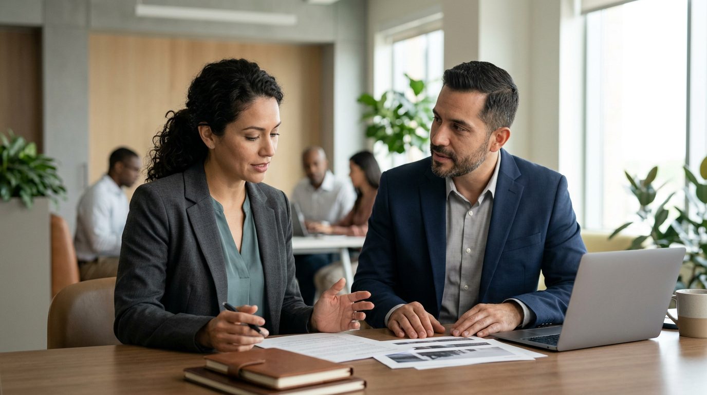 Profesionales hispanos discutiendo documentos de seguros en una oficina.