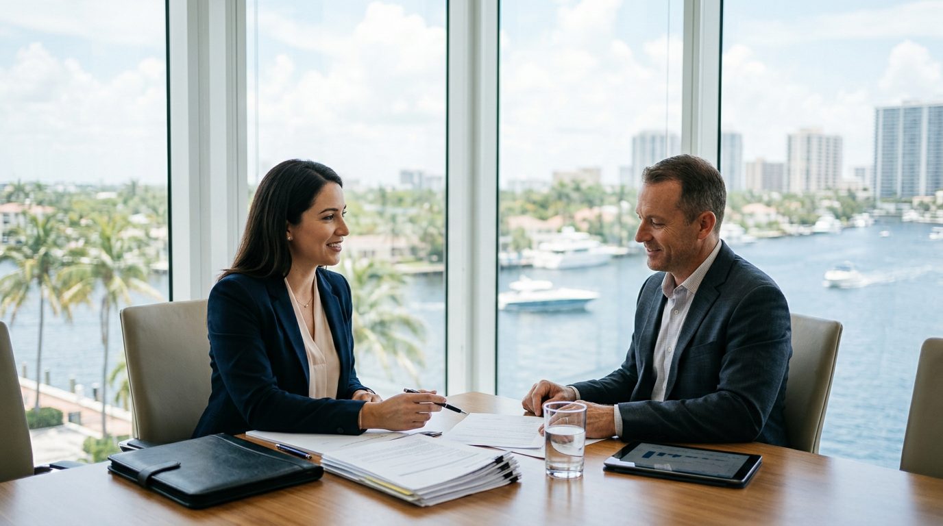 Professional office setting with desk, computer, and documents for financial planning consultation.