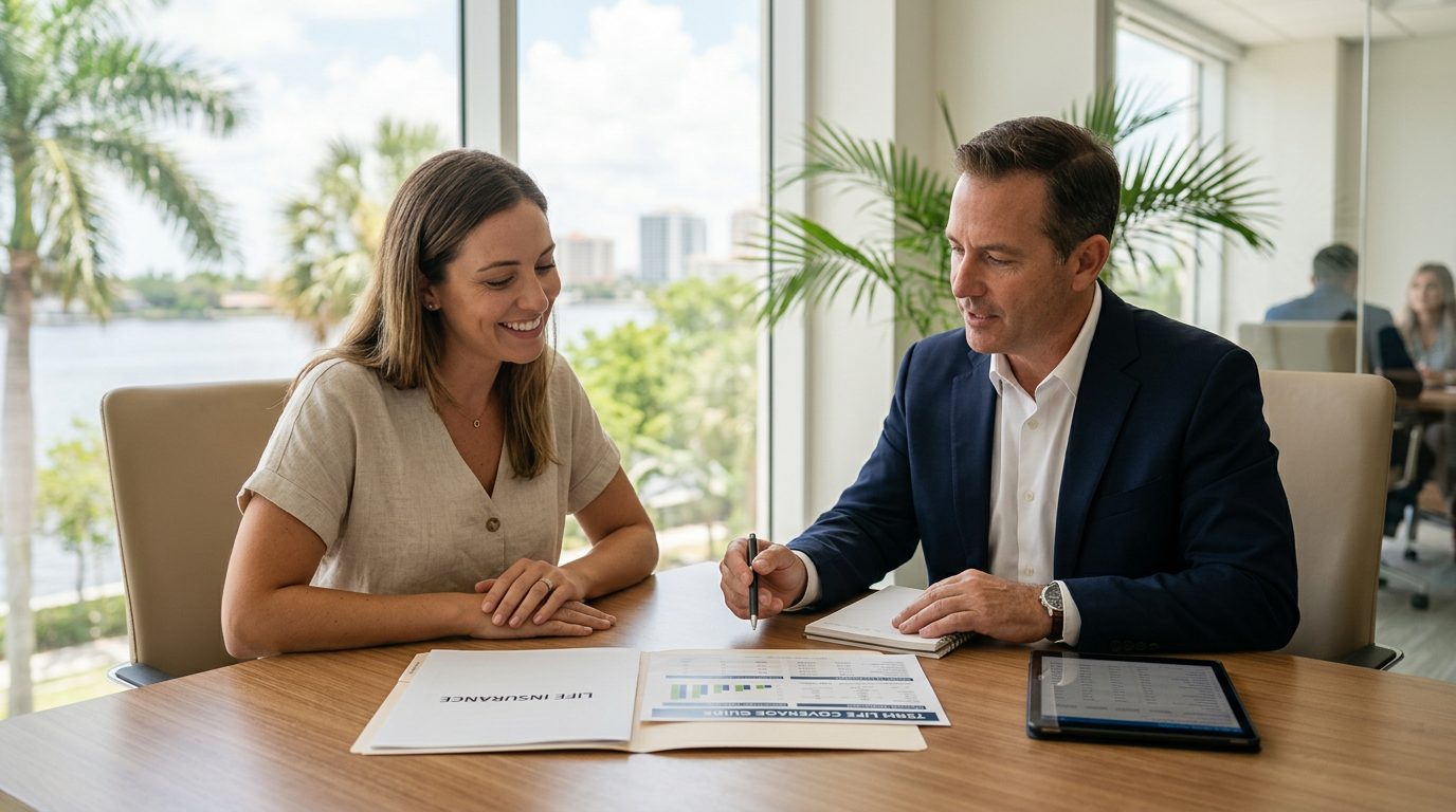 Professional reviewing term life insurance documents at a desk in a modern office.