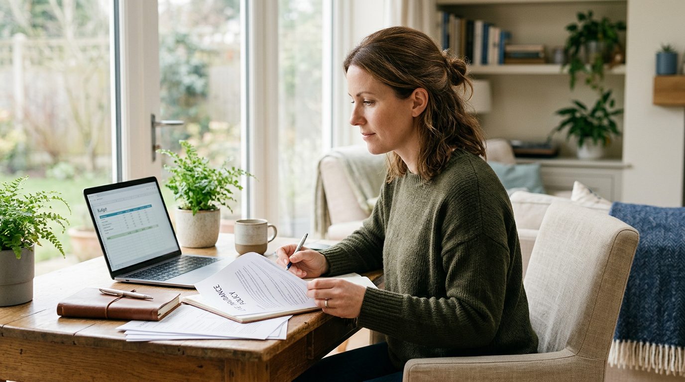 Self-employed professional reviewing term life insurance policy documents at desk.
