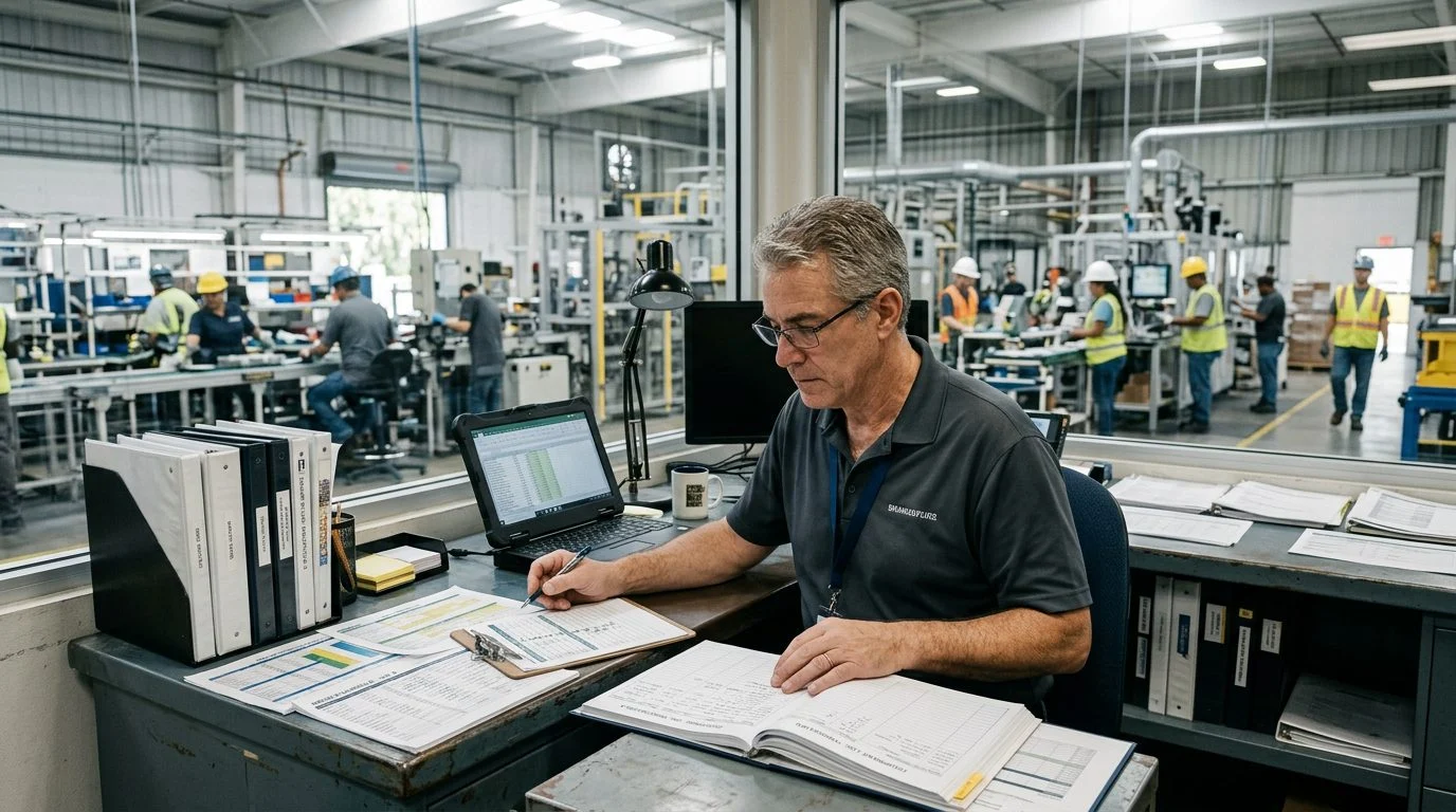 Senior operations manager at a workstation in a factory with production schedules and colleagues working behind.