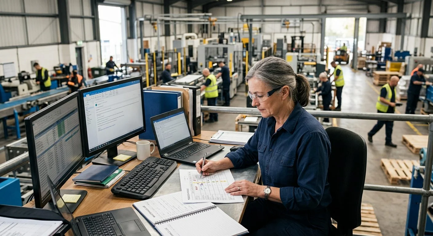 Gerente de operaciones de edad avanzada revisando horarios de producción en su estación de trabajo, con colegas al fondo en una planta industrial.