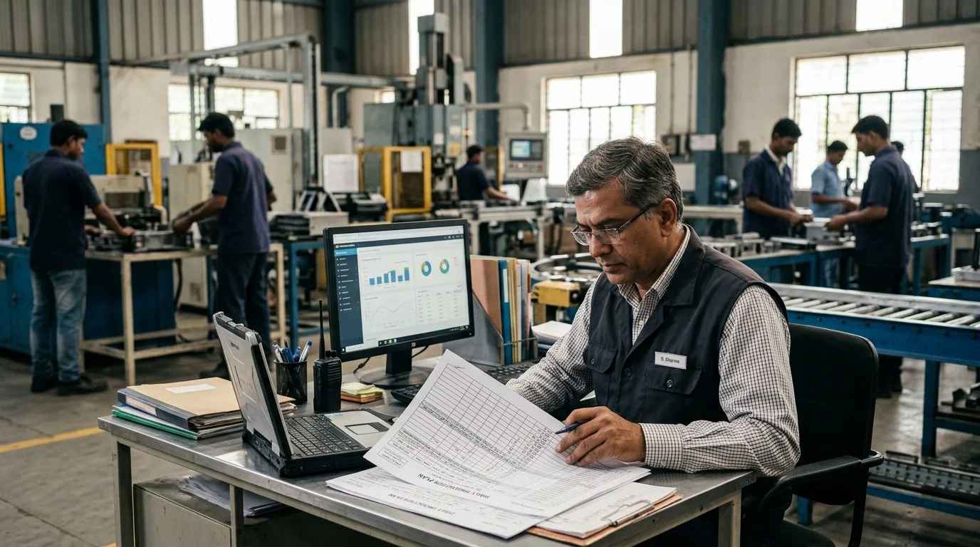 Senior operations manager at a workstation in a manufacturing plant, reviewing production schedules as colleagues work nearby.