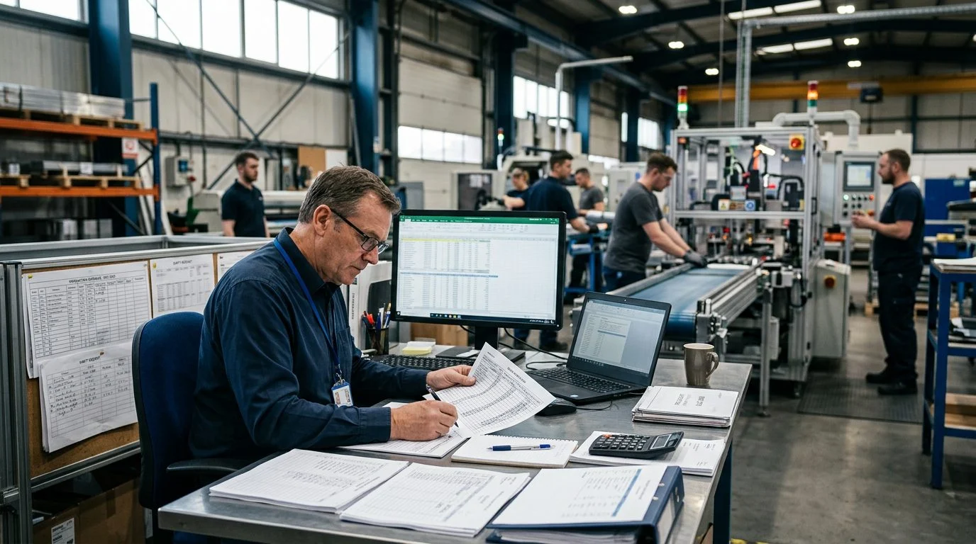 Senior operations manager at workstation in manufacturing facility with production schedules visible.