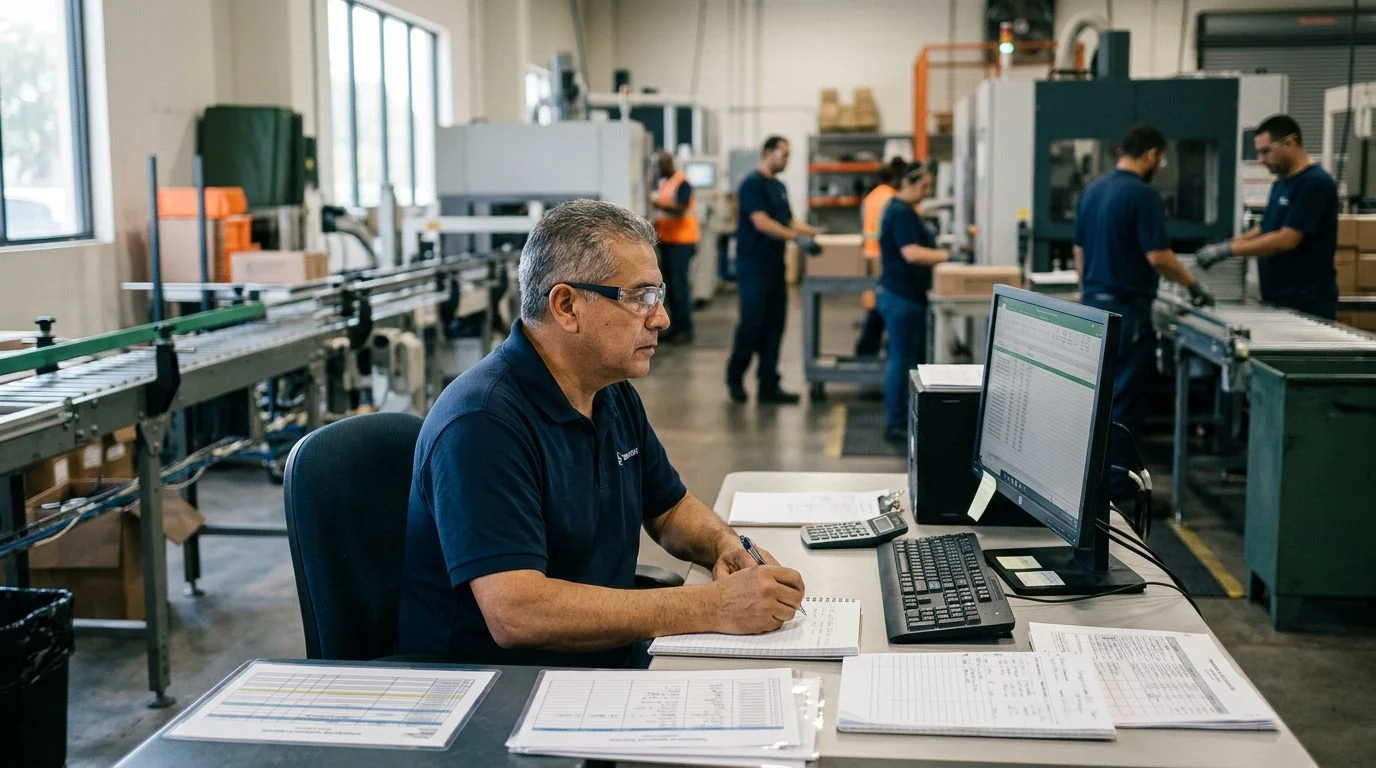 Gerente de operaciones senior revisando horarios de producción y registros de equipos con colegas en una planta de manufactura.