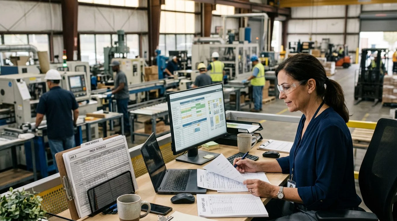 Senior operations manager reviewing production schedules and equipment logs at a workstation in a busy manufacturing facility.