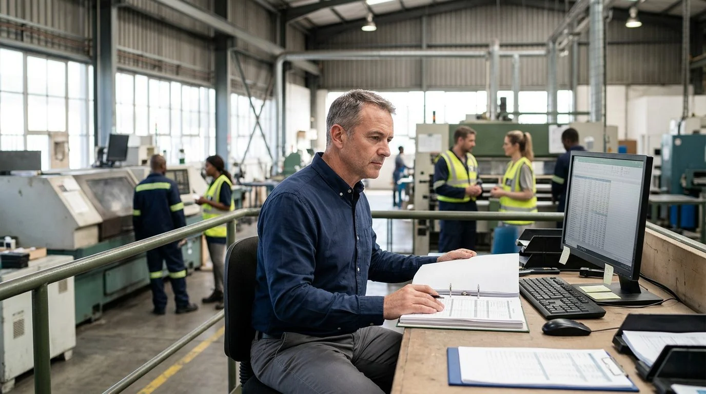 Gerente de operaciones senior revisa horarios de producción y registros de equipos en una estación de trabajo de una planta industrial.