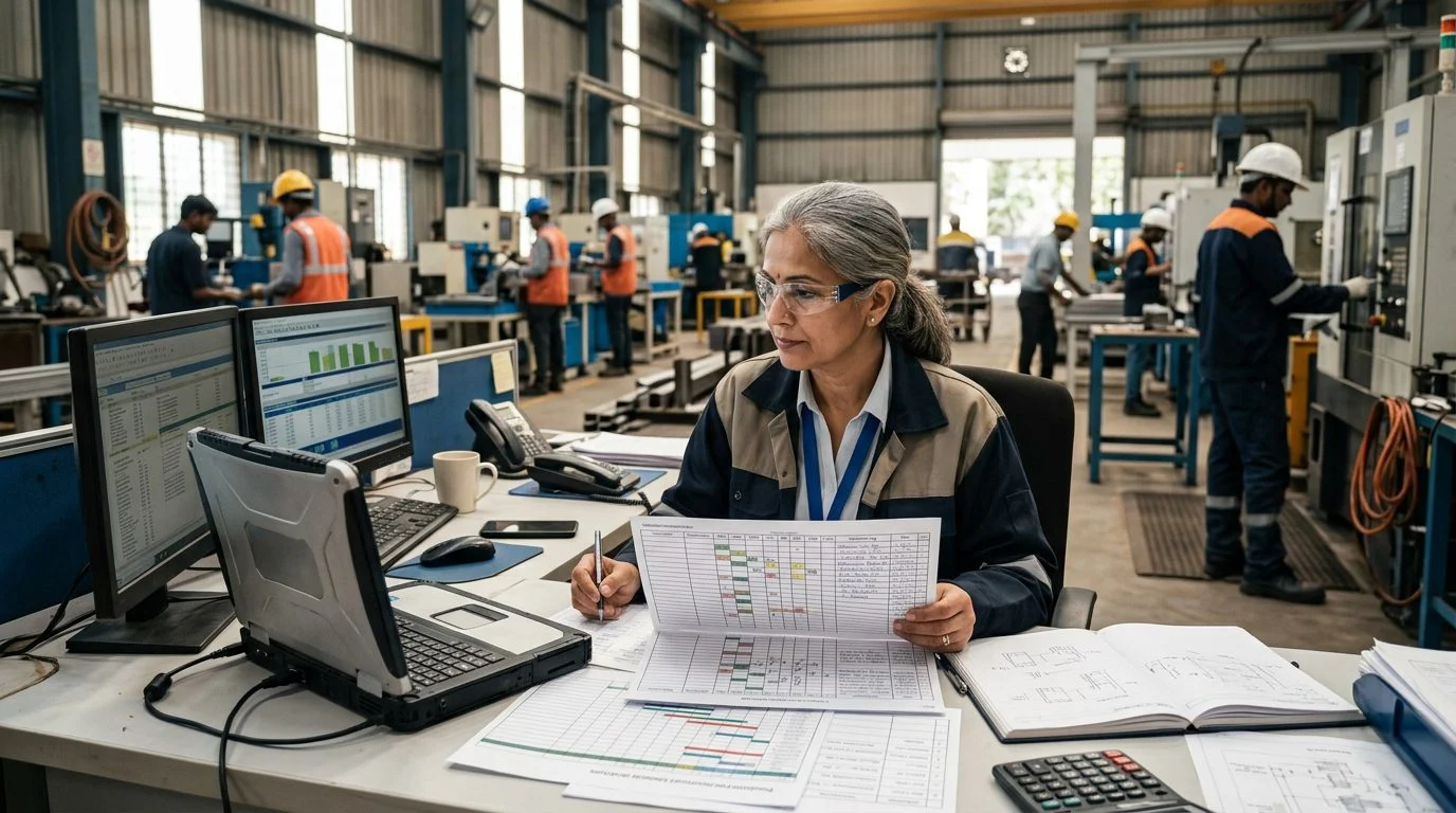 Senior operations manager reviewing production schedules and equipment logs at a workstation in a manufacturing facility.