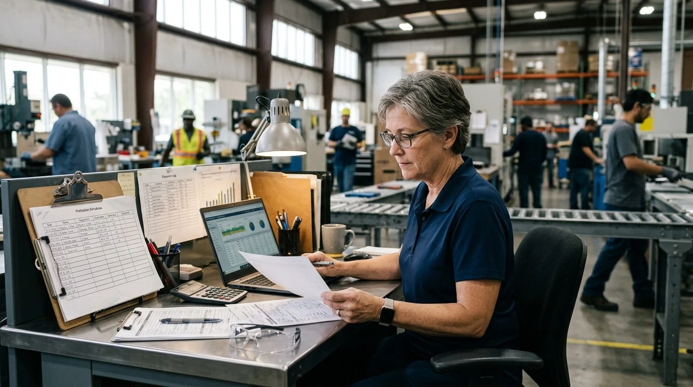 Gerente de operaciones de edad avanzada revisa horarios de producción y registros de equipos en una planta industrial en Florida.