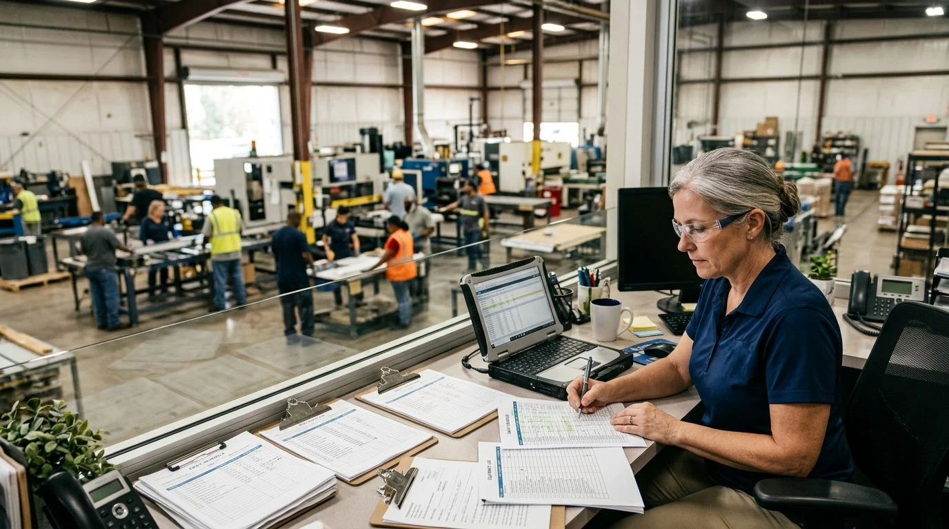 Senior operations manager reviewing production schedules and equipment logs at a workstation in a busy manufacturing facility.