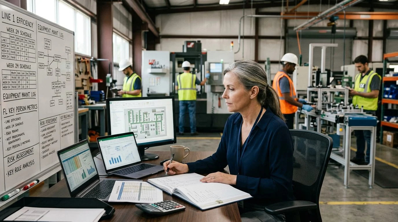 Senior operations manager reviewing production schedules and equipment logs at a workstation in a busy manufacturing facility.