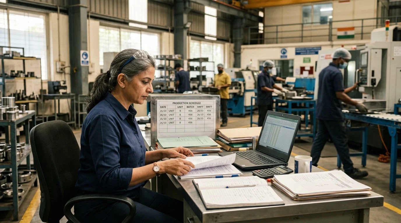 Senior operations manager reviewing production schedules at a workstation in a manufacturing facility, with colleagues working in the background.