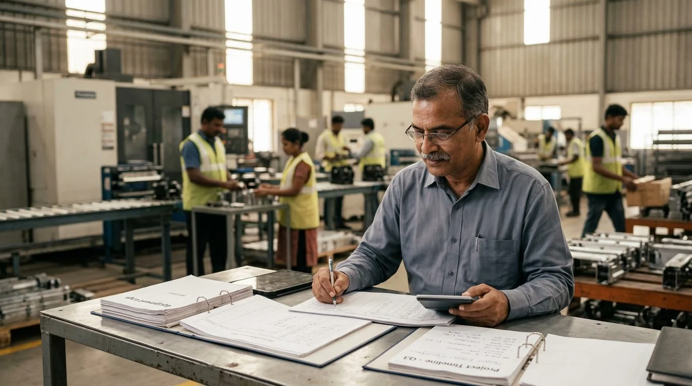 Senior operations manager reviewing production schedules at a workstation in a busy manufacturing facility, with colleagues working in the background.