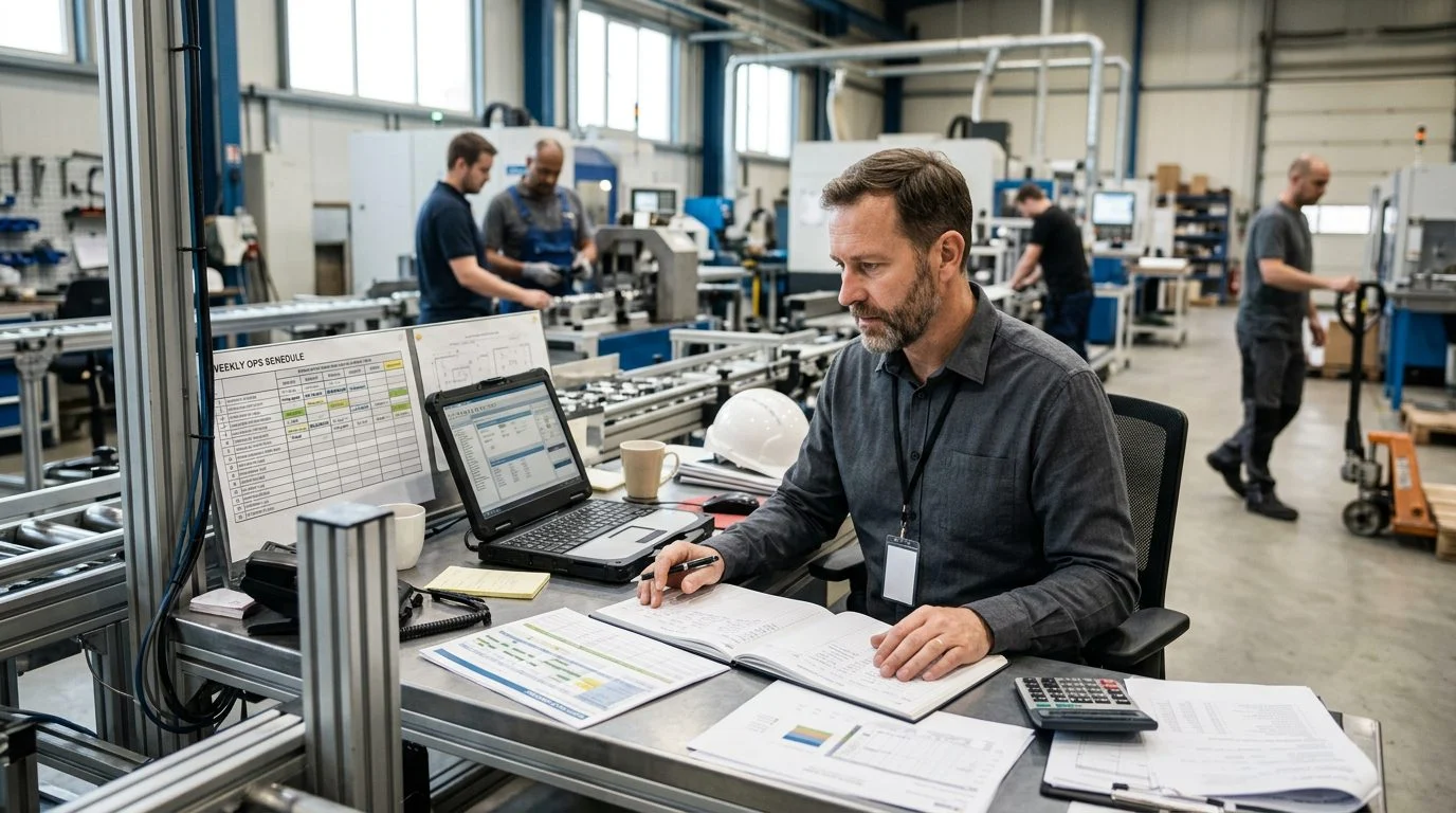 Senior operations manager reviewing production schedules at a workstation in a busy manufacturing facility.