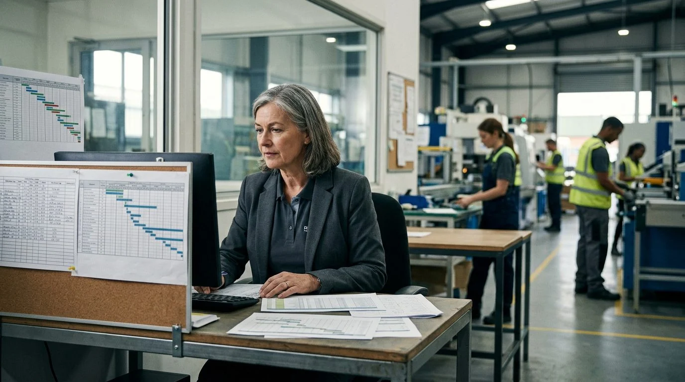 Senior operations manager reviewing production schedules at a workstation in a manufacturing facility, with colleagues working in the background.