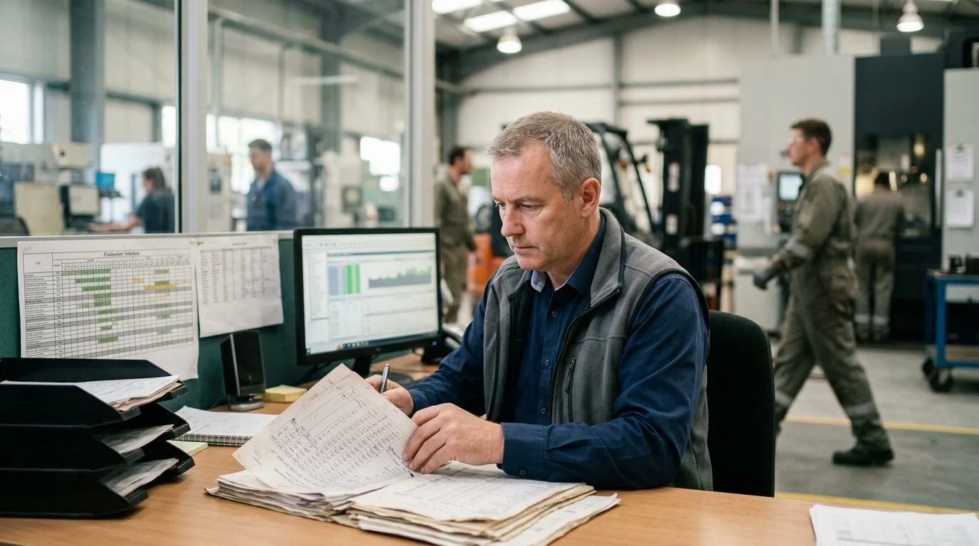 Senior operations manager reviews production schedules and equipment logs at a workstation in a busy manufacturing facility.