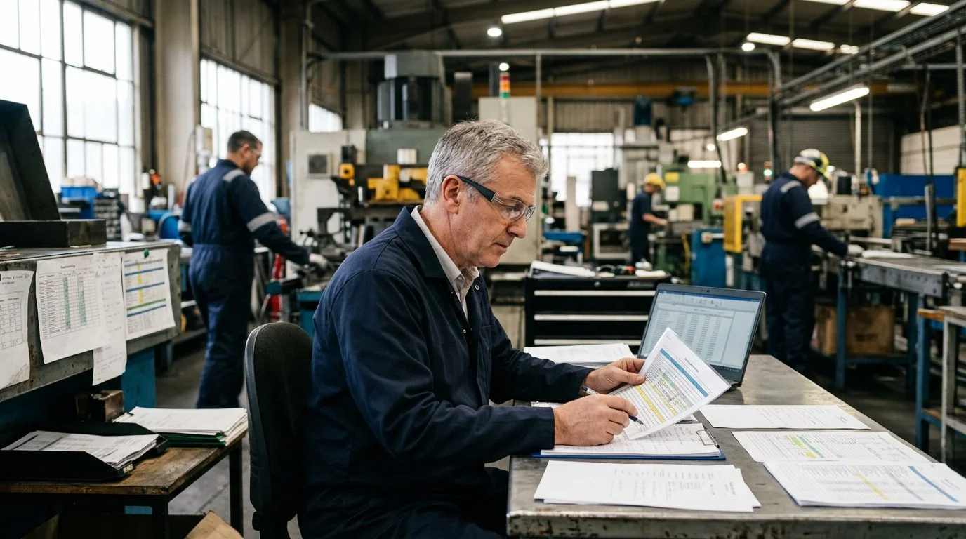 Senior operations manager reviews production schedules and equipment logs at a workstation in a busy manufacturing facility.