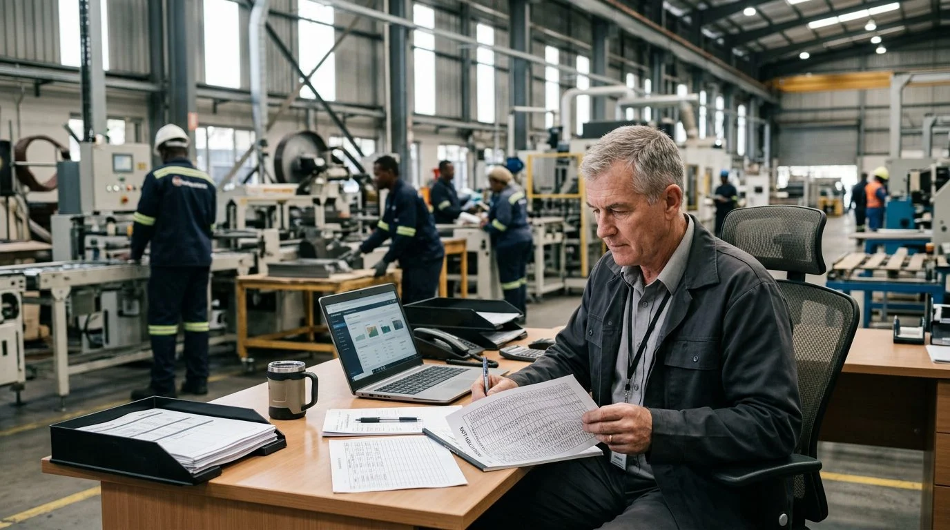 Gerente de operaciones de edad avanzada revisa horarios de producción y registros de equipos en una estación de trabajo de una planta industrial.