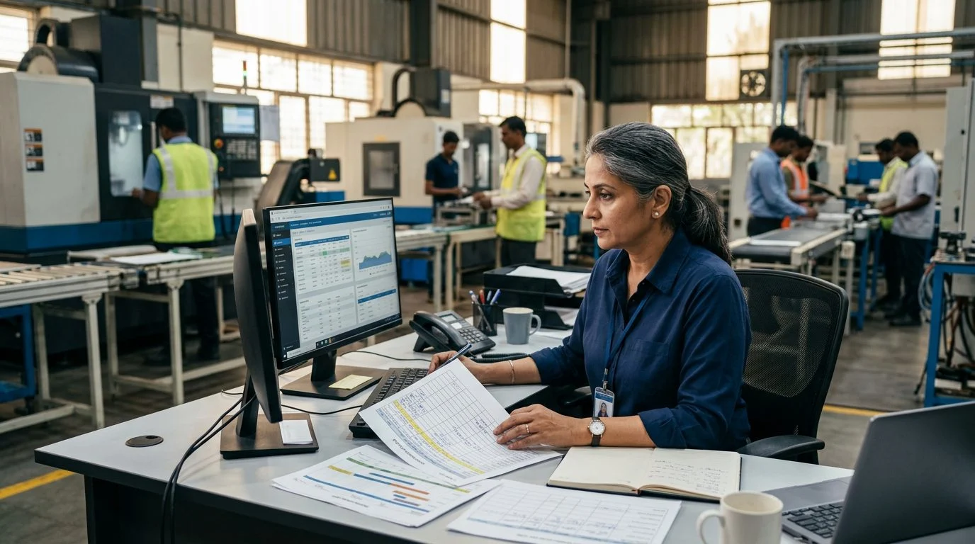 Senior operations manager reviews production schedules and equipment logs at a workstation in a busy manufacturing facility.