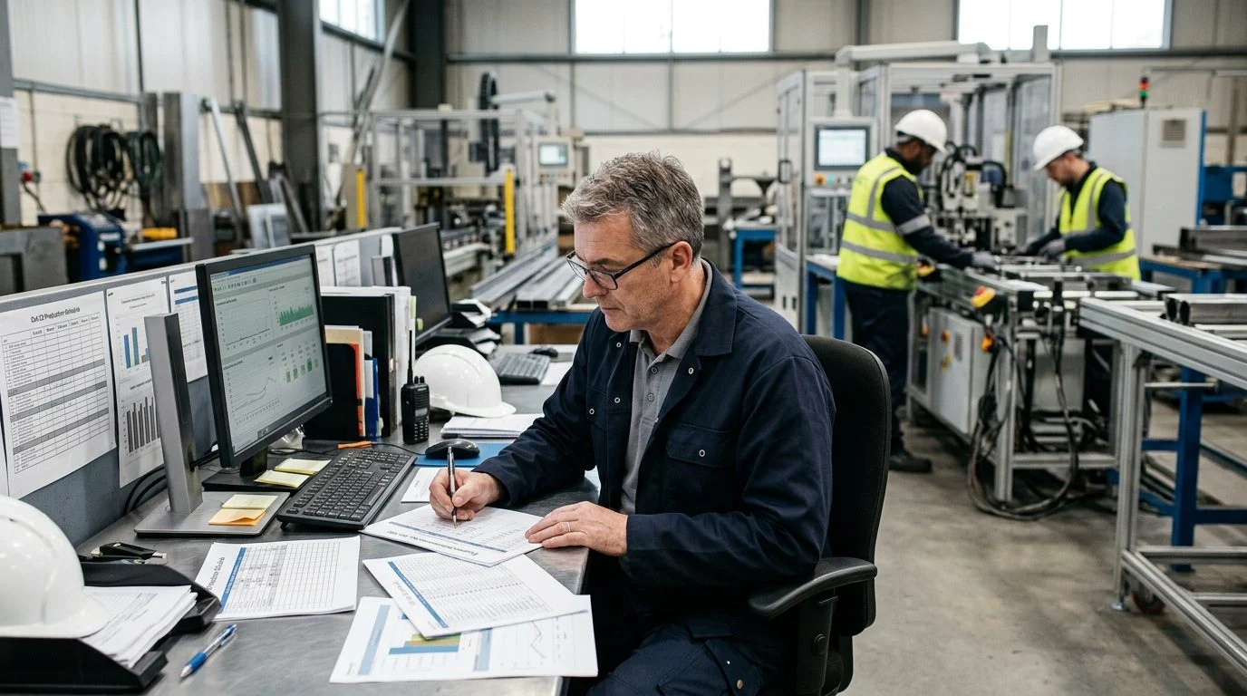 Senior operations manager reviews production schedules at a workstation in a manufacturing facility, with colleagues working nearby.