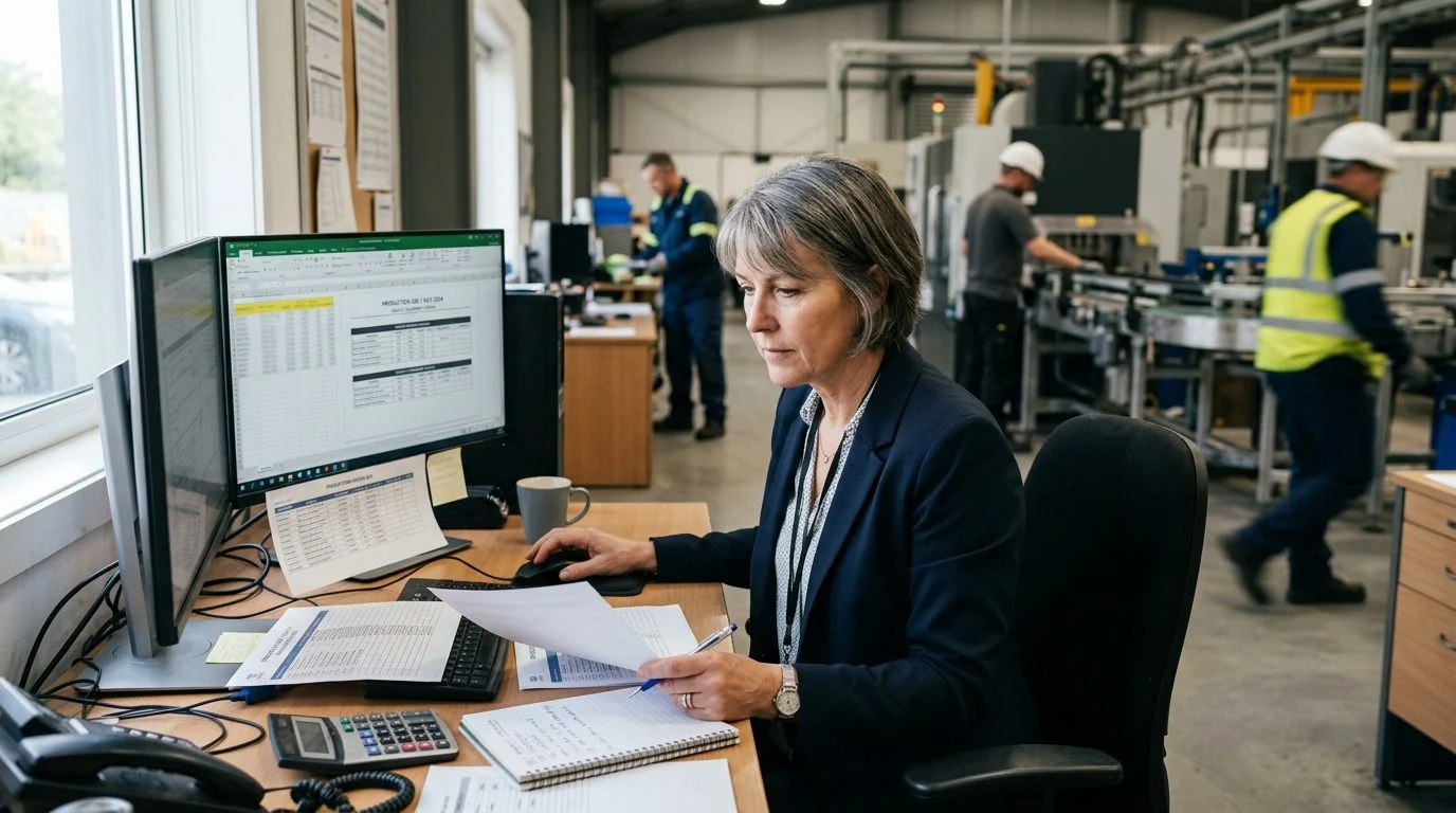 Senior operations manager reviews production schedules at a workstation in a manufacturing facility, with colleagues working in the background.