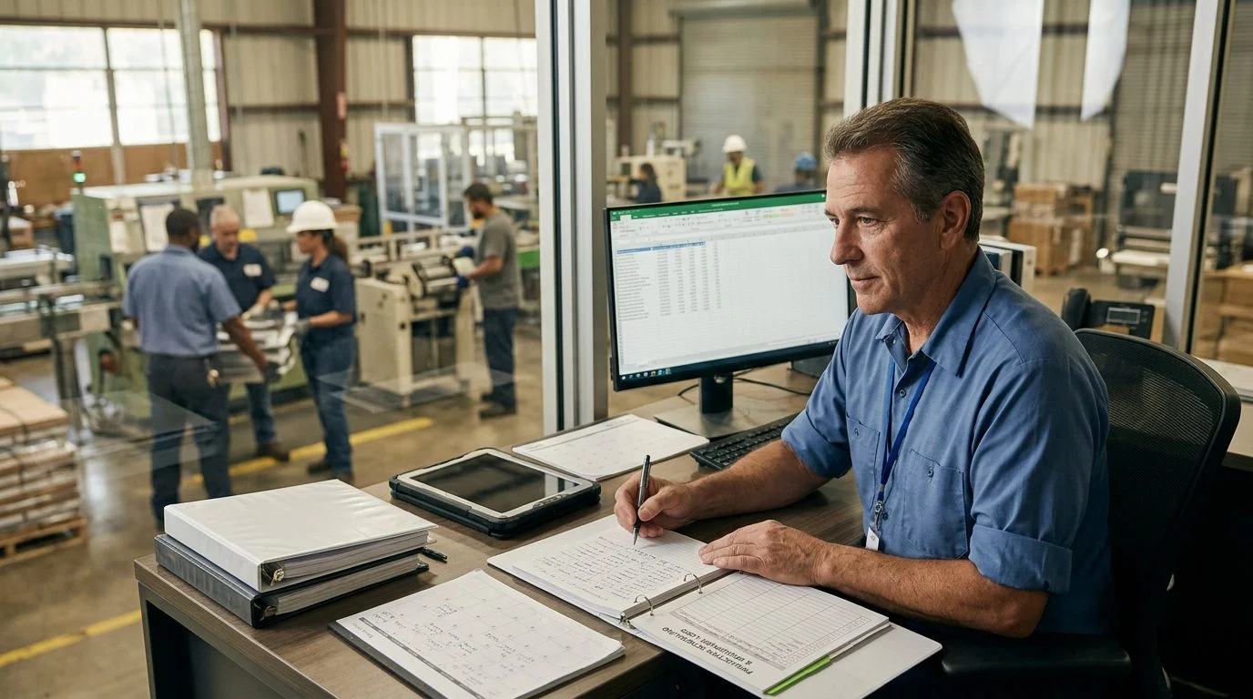 Senior operations manager reviews production schedules at a workstation in a manufacturing facility while colleagues work nearby.