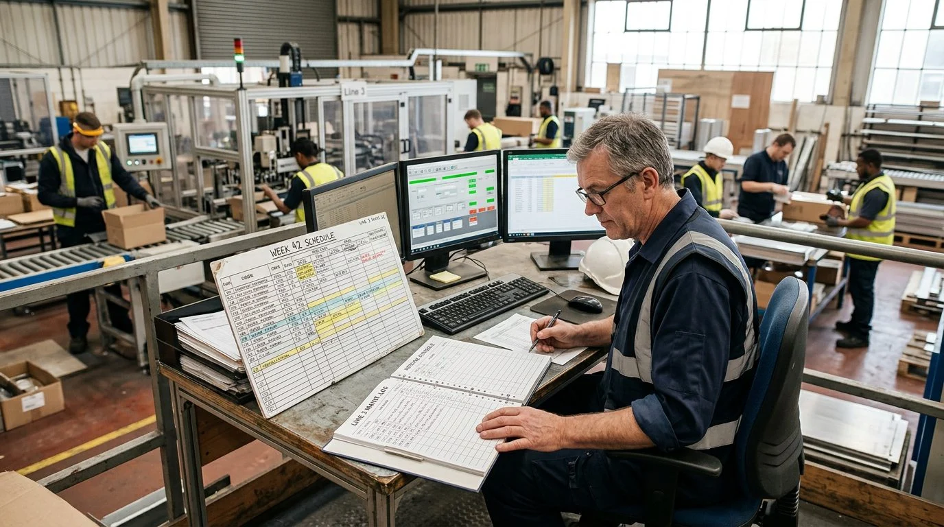 Senior operations manager reviews production schedules at a workstation in a busy manufacturing facility, with colleagues working nearby.