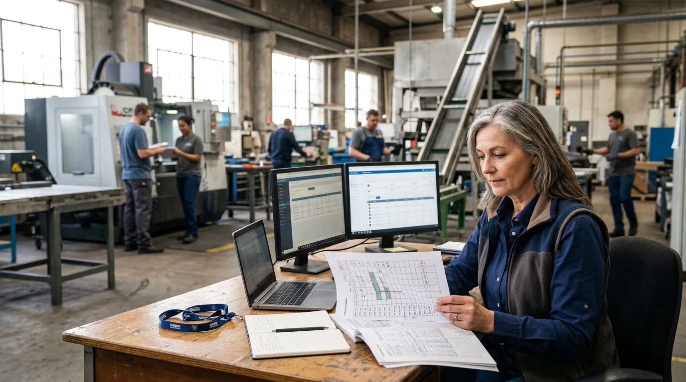 Gerente de operaciones senior trabaja en un escritorio de una fábrica, con horarios de producción y registros de equipos a la vista.