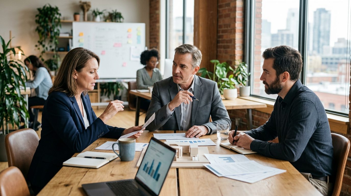 Small business owner working at desk with laptop and documents in office.