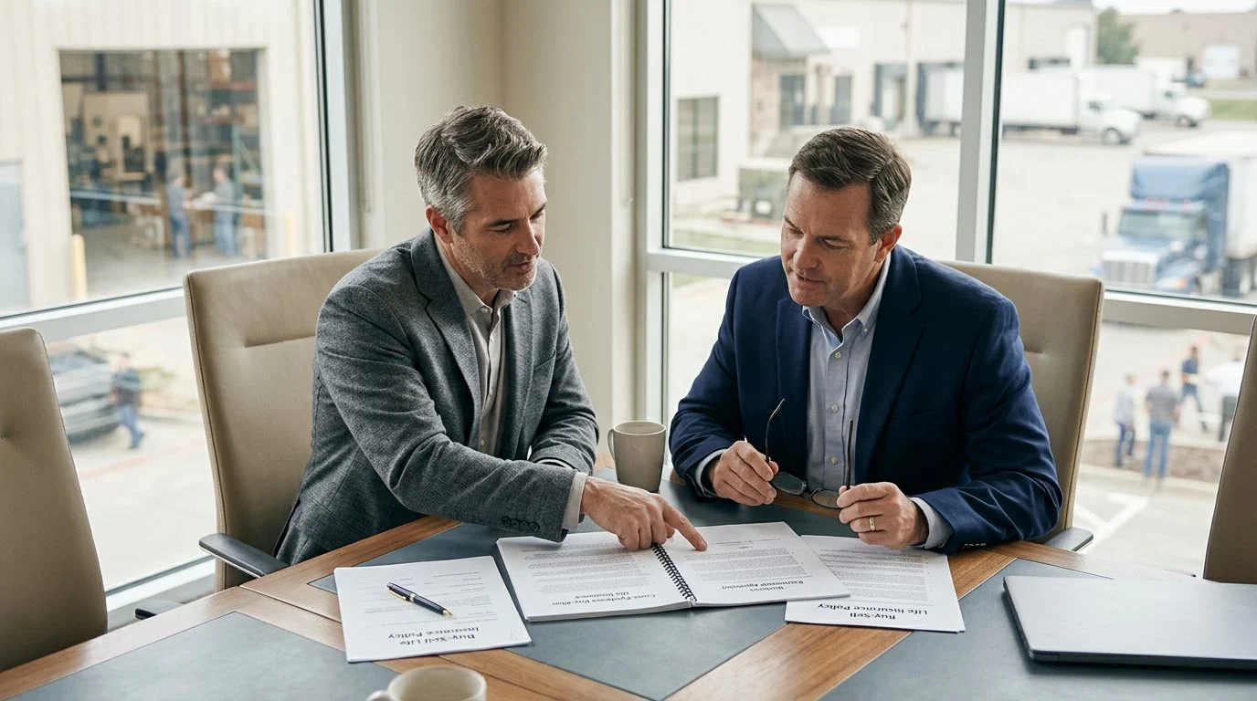Two business co-owners review a buy-sell agreement and insurance policy together at a conference table, with an office visible behind them.